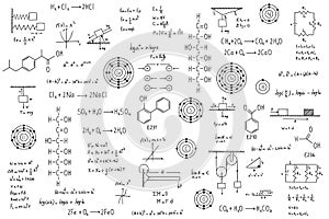 Calculus equations, algebra, organic chemistry, chemical reactions, chemical elements, physics, rectilinear motion, statics, photo