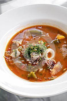 Stewed squid seafood soup in spicy tomato and vegetable sauce photo