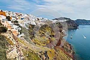 Caldera coastline with Oia village cityscape at Santorini island