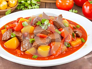 caldereta beef with sliced carrots, sliced red and green peppers and chopped potatoes in red tomato sauce