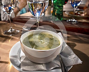 Caldo verde popular soup in Portuguese cuisine served in a restaurant of, Porto photo