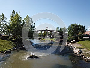 Caldwell, Idaho, Bridge, River, Downtown, Fountain In Water, US Flag