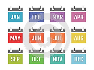 Calendar 12 month icon set, color signs for all months of the year