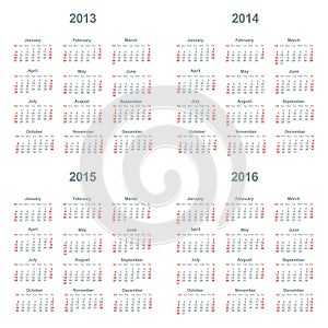 Calendar 2013, 2014, 2015, 2016