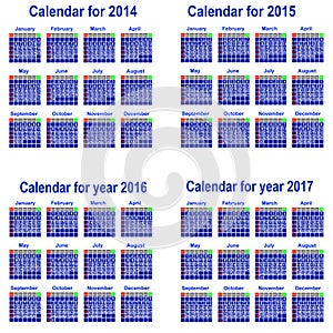 Calendar for 2014,2015,2016,2017 year.