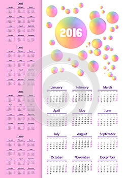 Calendar 2015, 2016, 2017, 2018, 2019 year. Week starts from sun