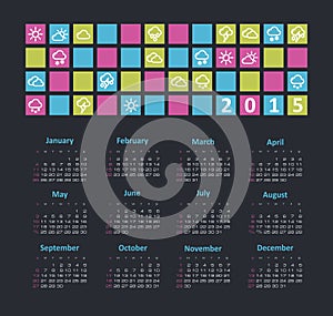 Calendar 2015 year with weather icons