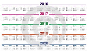 Calendar 2016 2017 2018 2019 2020