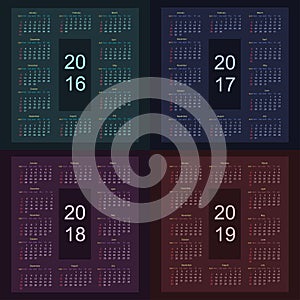 Calendar 2016 2017 2018 2019 starting from sunday