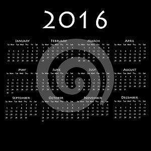 Calendar for 2016 on black background.