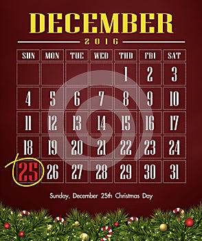 Calendar 2016 with Christmas day