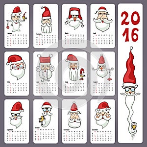 Calendar 2016. Doodles Santa faces,Monthly cards