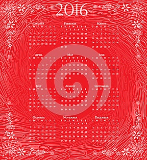 Calendar of 2016: full year on red artistic background