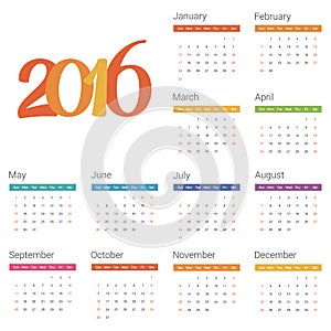 Calendar for 2016 on white background. Vector