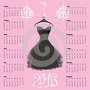 Calendar 2016 year.Black dress Silhouette
