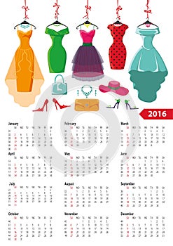 Calendar 2016 year.Colored summer dresses