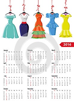 Calendar 2016 year.Female summer dresses