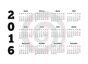 Calendar 2016 year on Spanish language, A4 sheet