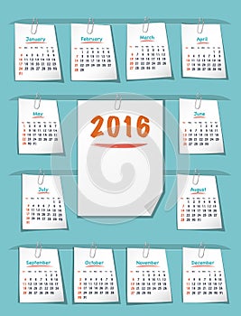 Calendar for 2016 year on sticky notes