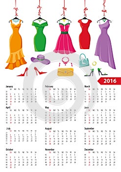 Calendar 2016 year.Summer dresses,accessories