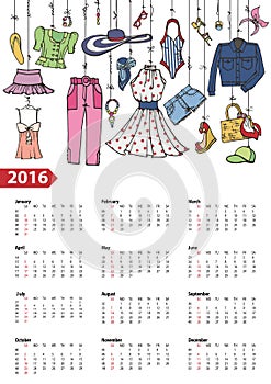 Calendar 2016 year.Summer fashion set.Colored