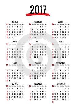 Calendar 2017,12 month in Grunge text style,week start Sunday
