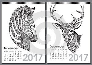 Calendar 2017. Beautiful ornate hand drawn animals