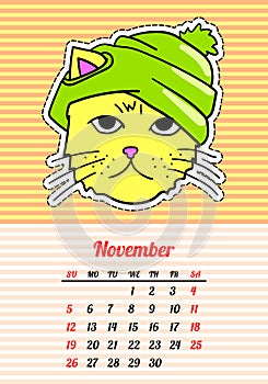 Calendar 2017 with cats. November. In cartoon 80s-90s comic style fashion patches, pins and stickers. Pop art vector