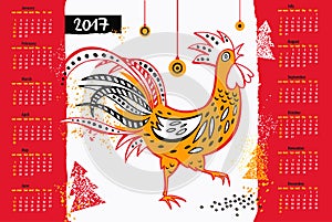 Calendar 2017 Chinese New Year of the Rooster . Vector Illustrat