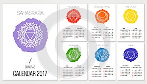 Calendar 2017 design template with 7 chakras set of 12 months , the symbol of Hinduism, Buddhism.