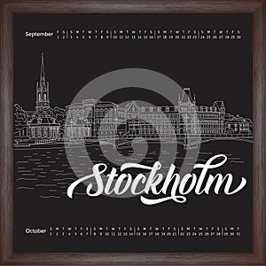 Calendar 2017 september, october with city sketching Stockholm, Sweden on chalkboard background