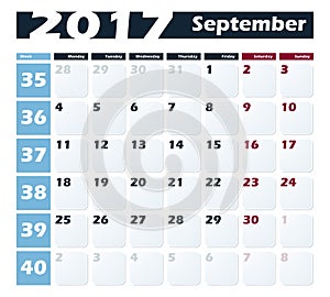 Calendar 2017 September vector design template. Week starts with Monday. European version