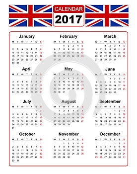 Calendar for 2017 with two vector image of united kindom flag