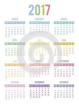 Calendar for 2017. Week Starts Monday. Multicolor vector template.