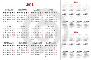 Calendar for 2018, 2019, 2020 years