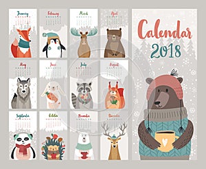 Calendar 2018. Cute monthly calendar with forest animals.