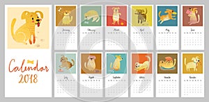 Calendar 2018. Cute monthly calendar with Watercolor dogs.