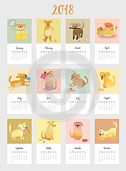 Calendar 2018. Cute monthly calendar with Watercolor dogs.