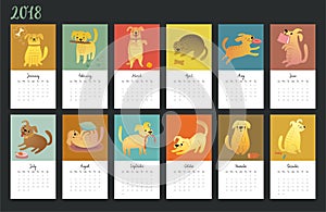 Calendar 2018. Cute monthly calendar with Watercolor dogs.