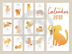 Calendar 2018. Cute monthly calendar with Watercolor dogs.