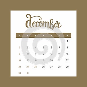 Calendar 2018 December. One month of the year elegant design template