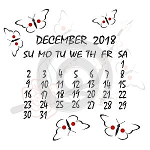 Calendar for 2018. Japanese style. The month of December