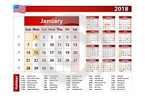 Calendar for 2018 with noted US holidays on white background. Week starts on Sunday. State holidays of the USA are marked. Simple