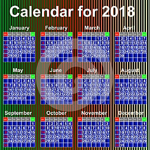 Calendar for 2018 year England.