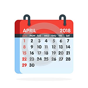 Calendar for 2018 year. Full month of April icon. Vector illustration