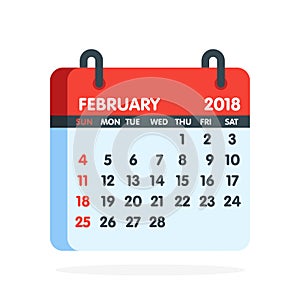 Calendar for 2018 year. Full month of February icon. Vector illustration