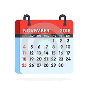 Calendar for 2018 year. Full month of November icon. Vector illustration