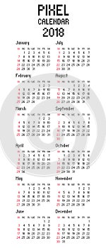 Calendar 2018 year in pixel style. Calendar planner design