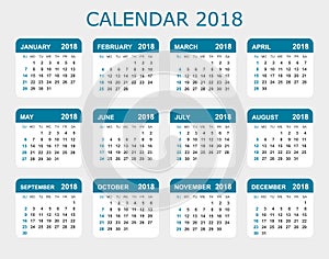 Calendar 2018 year in simple style. Calendar planner design