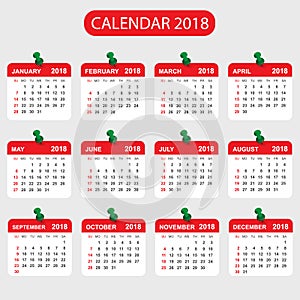 Calendar 2018 year in simple style. Calendar planner design